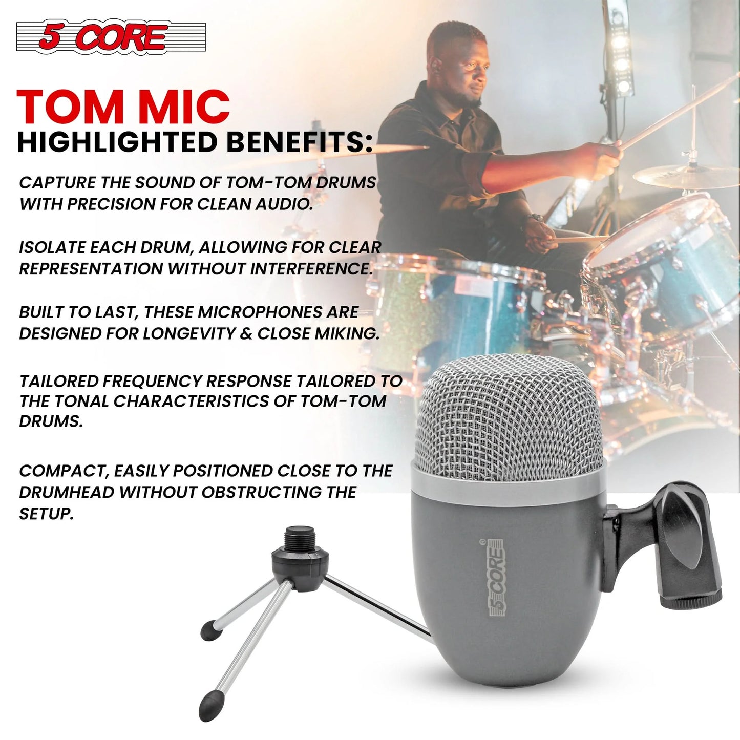  Tom Snare Mic Cardioid Dynamic Microphone for Drum Kit Percussion Instrument 5Core